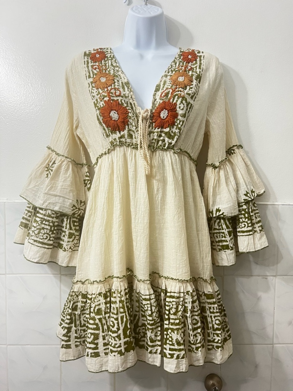 Women’s Beaded Embroidered Bell Babydoll Tiered Mini Dress S Boho Festive Beach